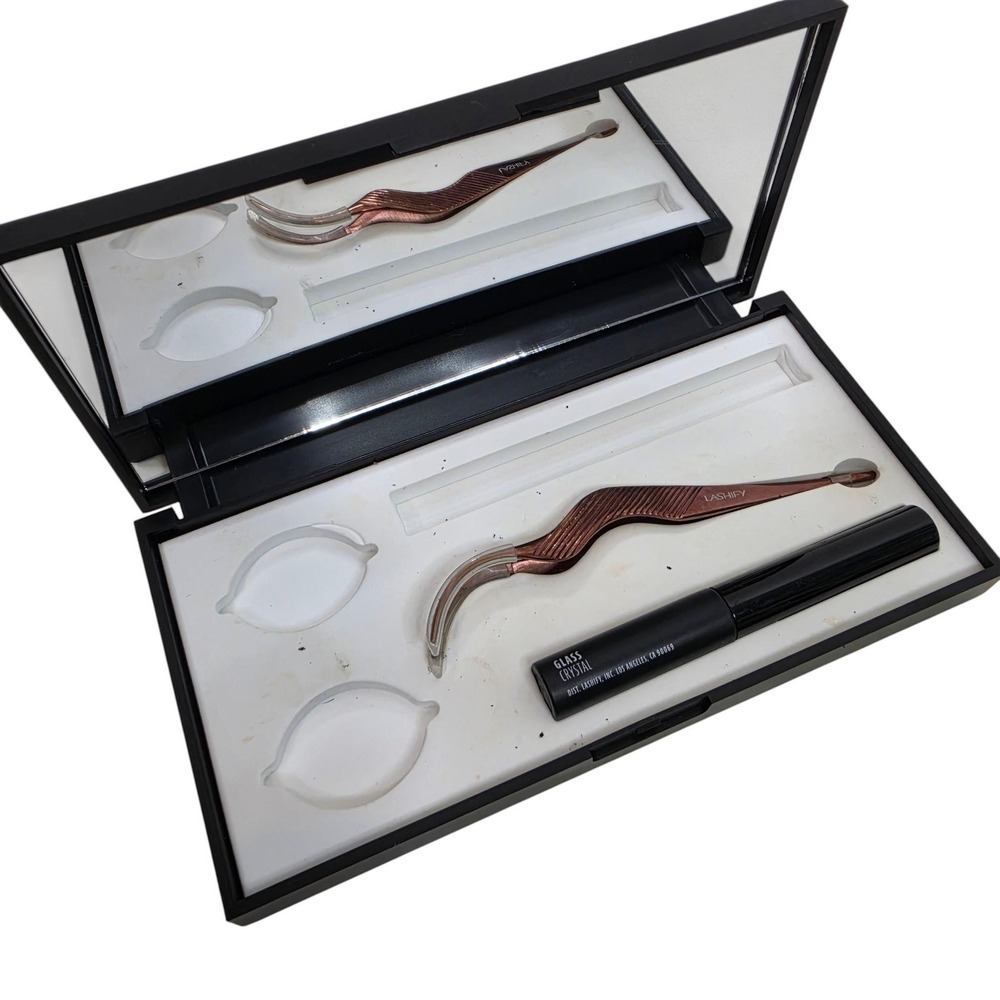 Lashify Eyelash Extension Tweezers Black Mirror Case W/ Glass Crystal Tool Set